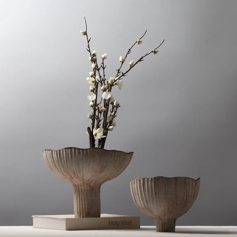 for Wabi Stillwind Retro Pottery Vase Matte High Footed Flower Arrangement Decoration Creative Homestay Model House Ornament