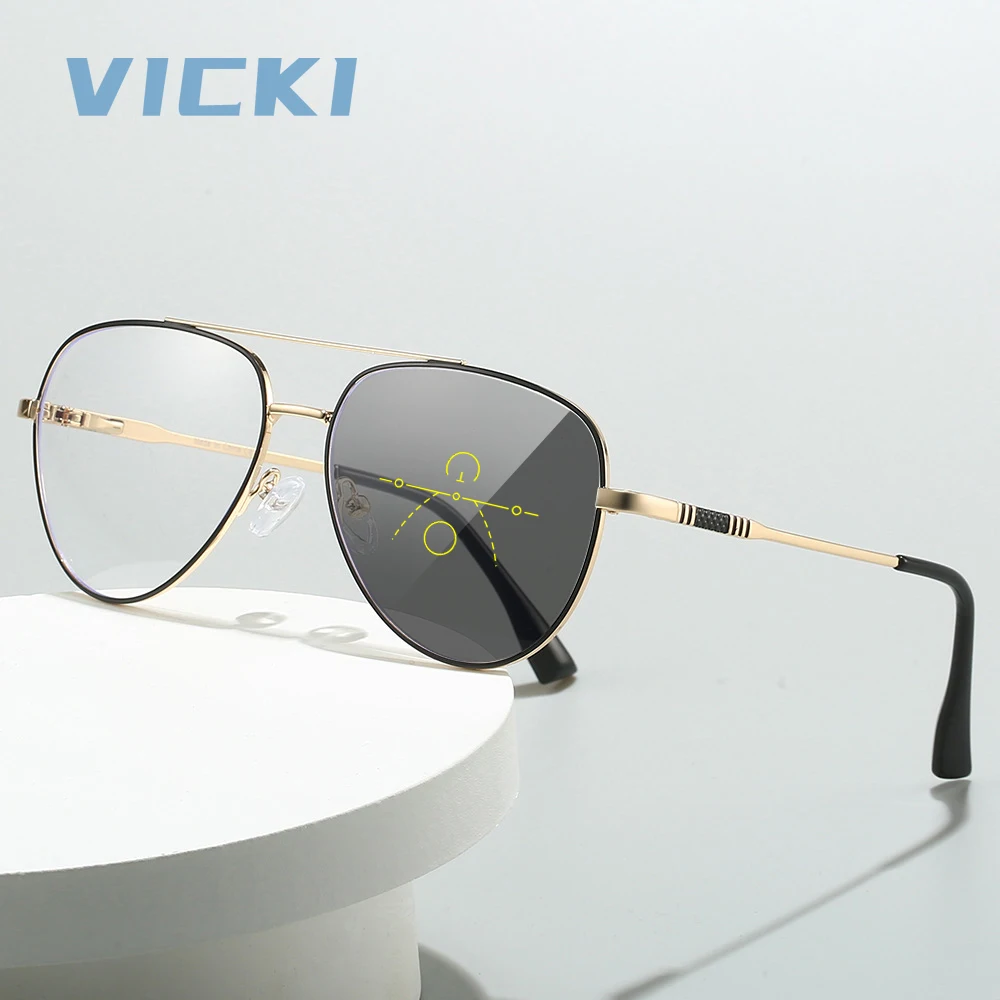 VICKI The New Twin-beam Fashion Men's Metal Anti-blue Glasses Can Be Customized Prescription Multi-focus Glasses RS6912