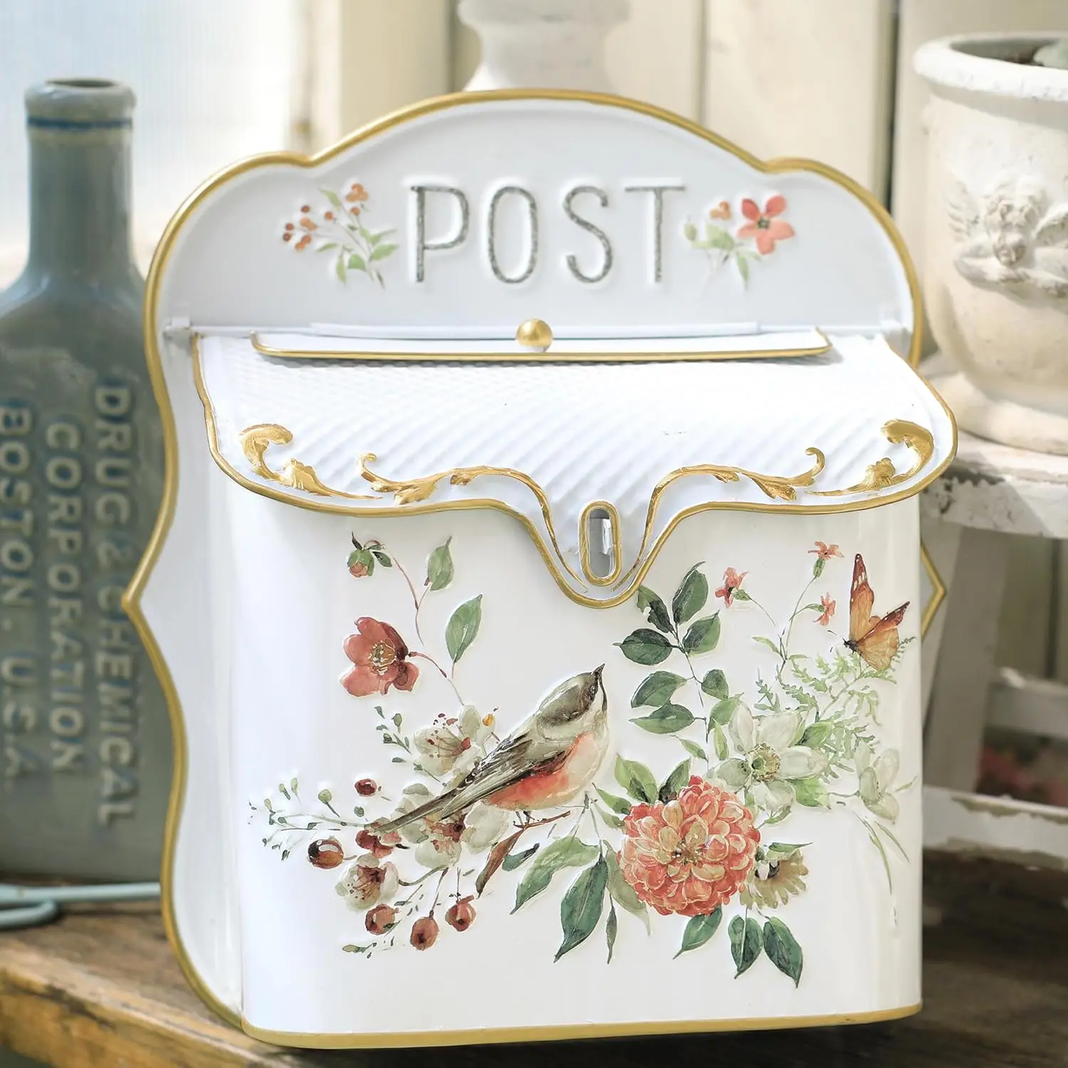 Vintage Wall Mount Mailbox Antique Style Metal Outdoor Home Decor Garden Cottage Flower Pattern