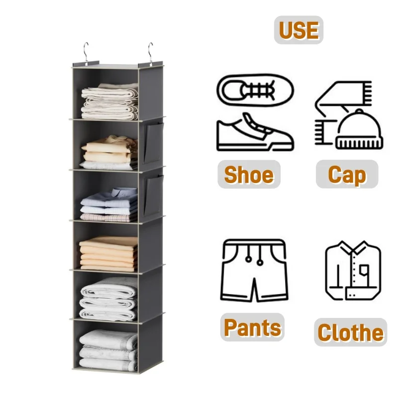 Hanging Closet Organizer and Storage, Foldable 6-Shelf Closet Hanging Storage Shelves with 2 Hooks for Shoe Cap Clothes Pants