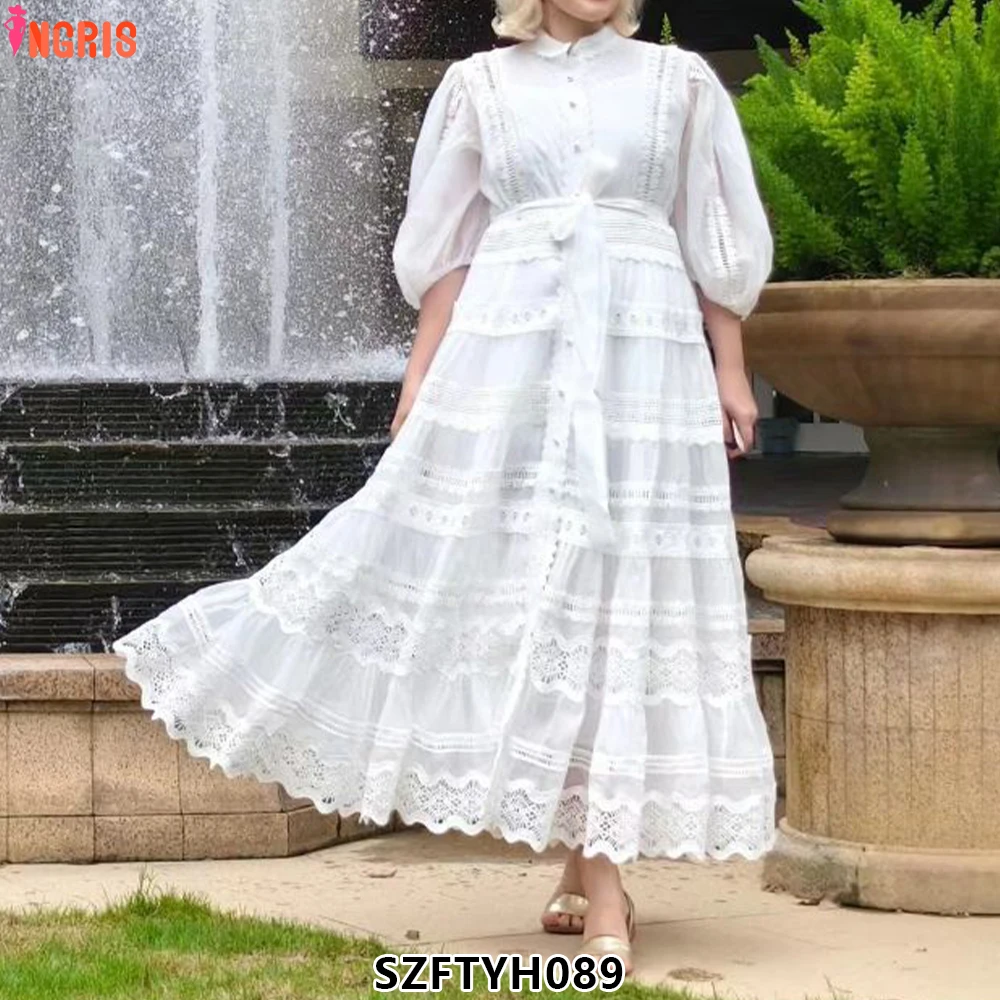 

Women's Long Party Dress Lantern Sleeves Summer Patchwork Lace Hollow Single-Breasted Belt Loose Fit-SZFTYH089