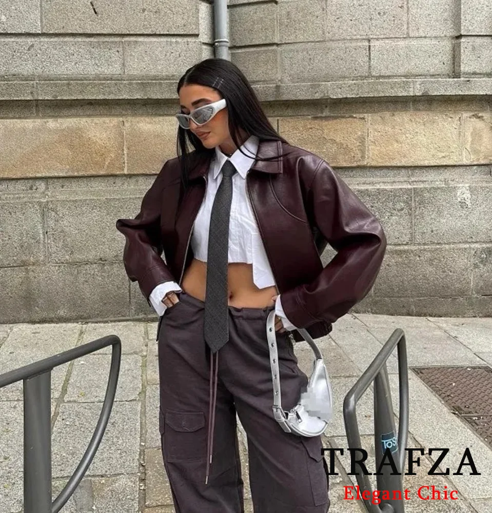 TRAFZA-Women Fashion PU Leather Jacket Zipper Pocket Lapel Burgundy Color Jacket New 2024 Fall Winter Modern Stylish Jackets