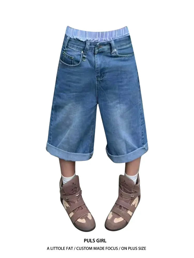 

Ретро-джинсы в американском стиле с эффектом потертости, широкие, сшитые из разных тканей, женские, свободного кроя, укороченные (7/8), с высокой талией, повседневные летние брюки