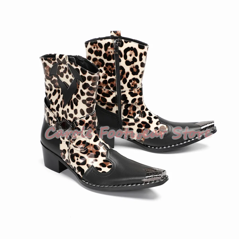 

Модные мужские ботинки челси с леопардовым принтом, разноцветные кожаные ботинки с металлическим острым носком на массивном каблуке, ковбойские сапоги в стиле вестерн