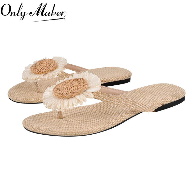 

Onlymaker Women Slippers Flower Decor Linen Flip Flops Beach Vacation Slip on T-Strap Flat Summer Sandals