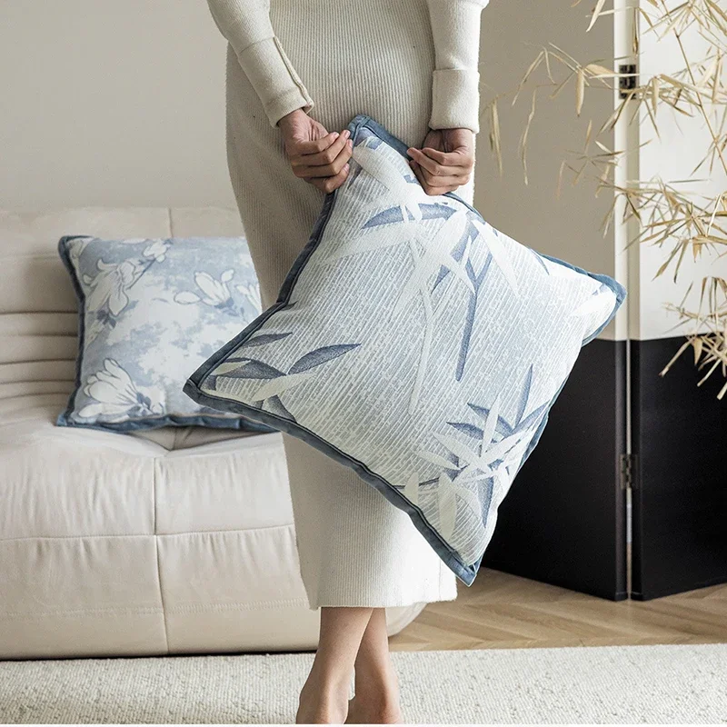 

Blue Light Luxury Pillow Covers Decorative Geometric Plant Jacquard Cushion Cover 45*45cm Home Decor Living Room Pillowcases