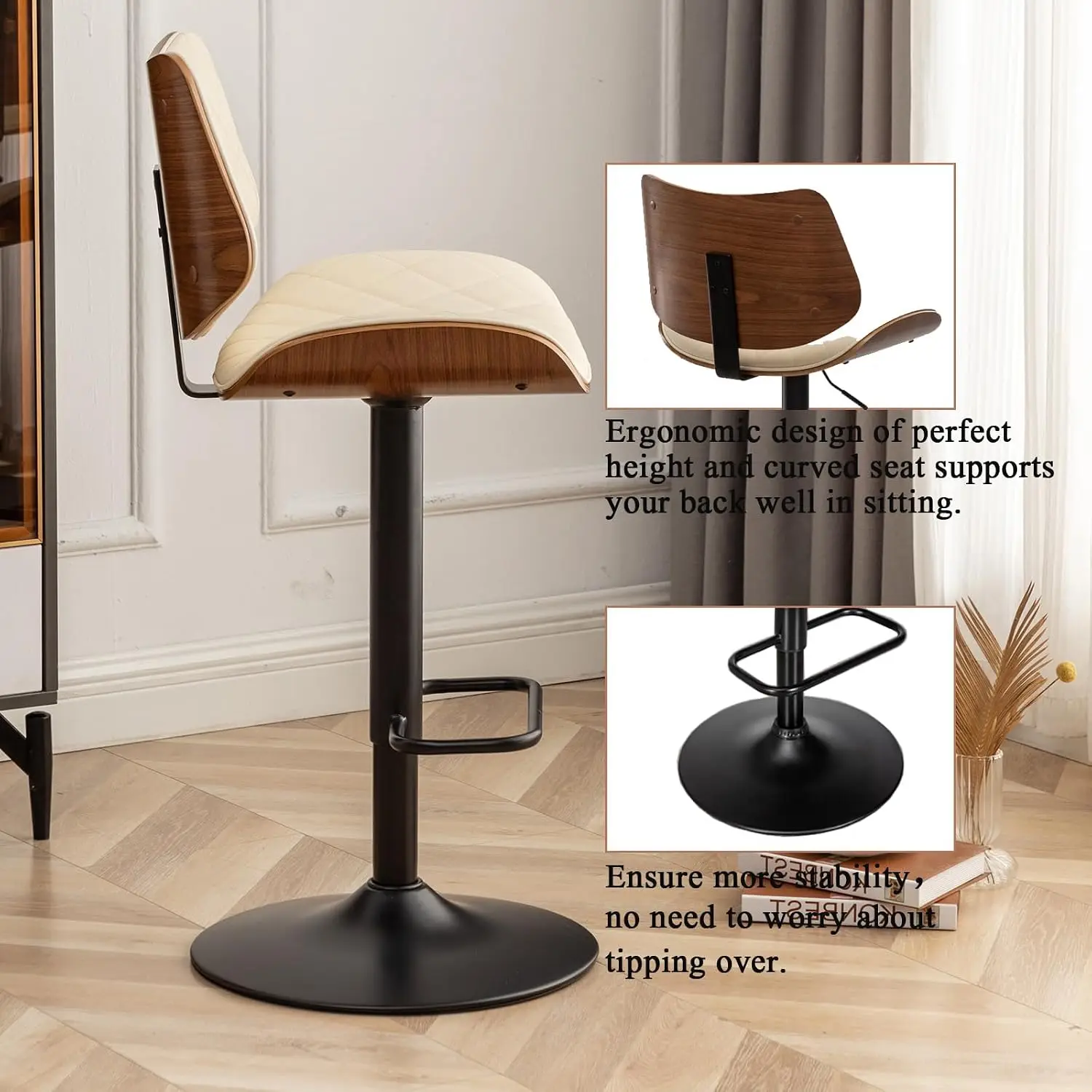 Bar Stools Set of 2 Mid Century Modern Adjustable Counter Height Black Leather Upholstered 360°Swivel Bar Chairs for Kitchen Isl view 3