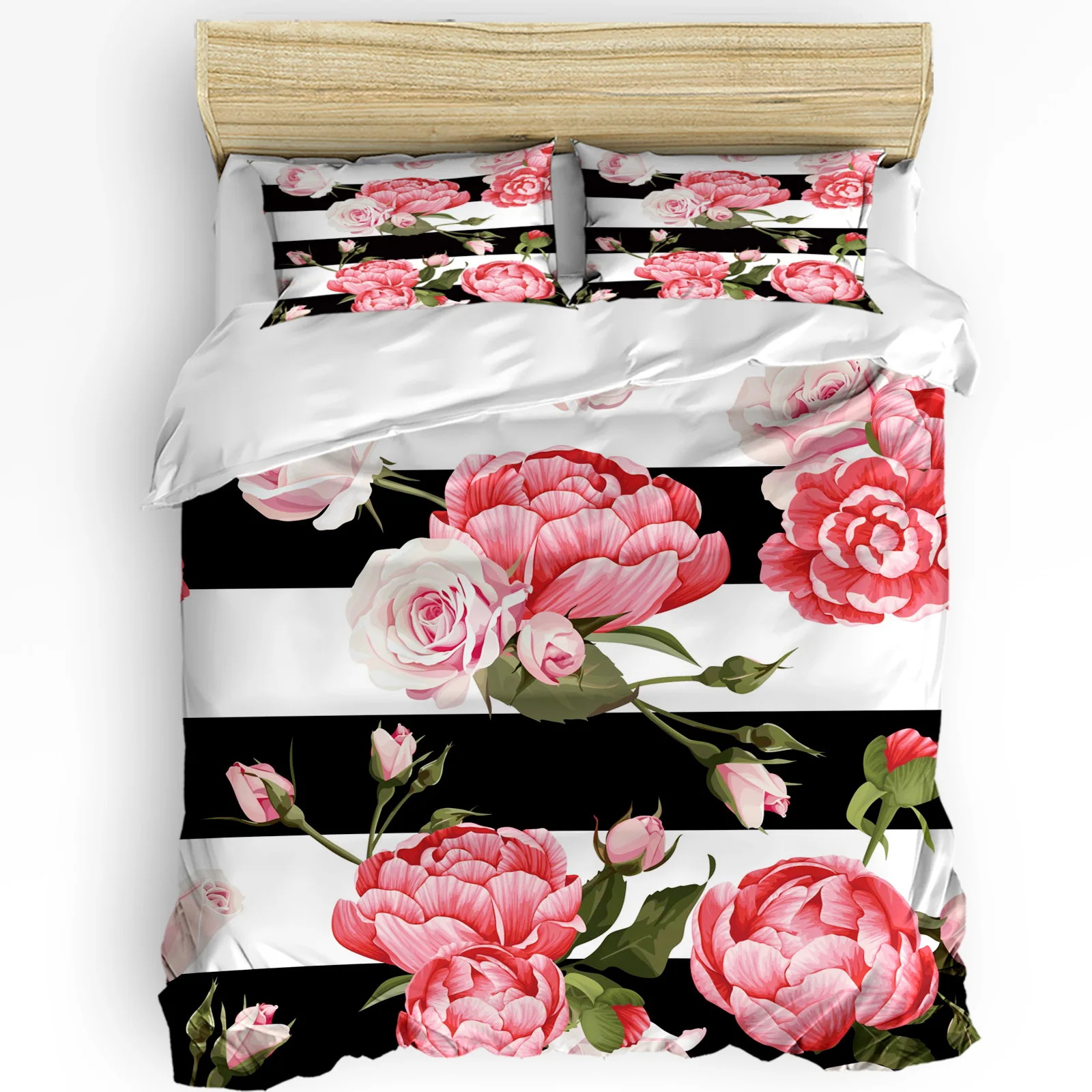 

Peony Rose Pink Flower Black And White Stripes Bedding Set 3pcs Duvet Cover Pillowcase Quilt Cover Double Bed Set Home Textile