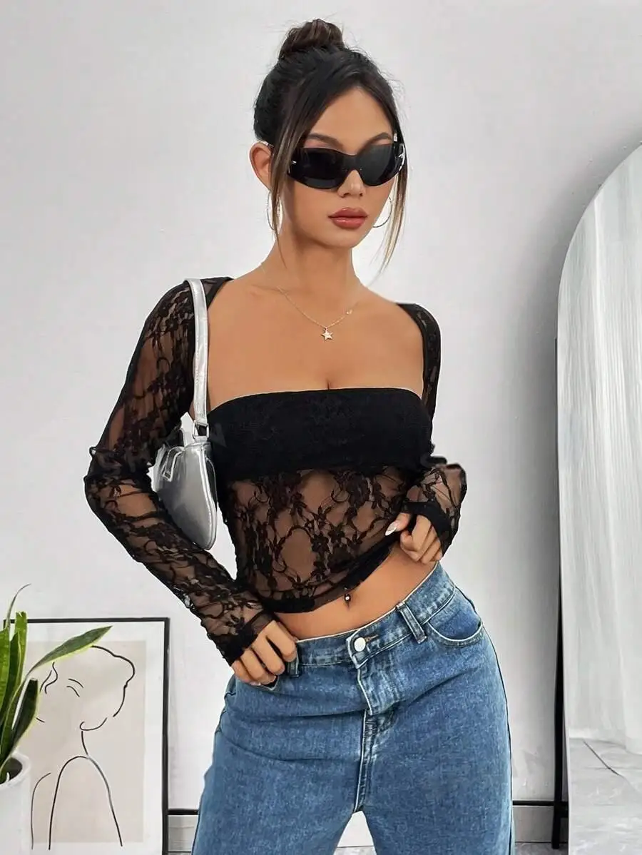 Women's Tops T-Shirt Autum New Sexy Slim Low-Cut Lace Backless Cut Out Navel Exposed See-Through Long-Sleeved Shawl Chest Suit