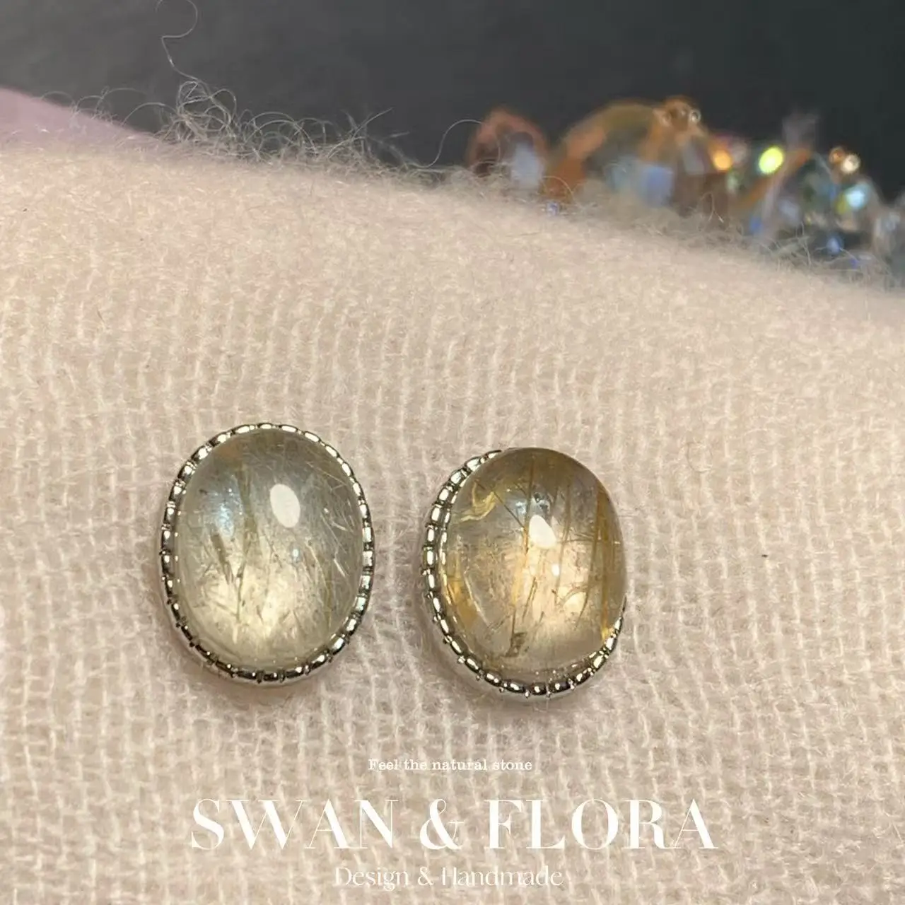 

Natural Gold Rutilated Quartz earrings stone s925 silver studs for women delicate Jewelry Gift
