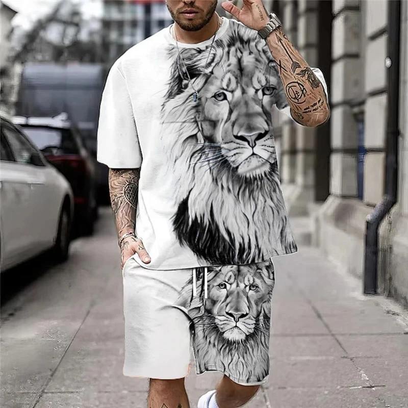 3D Lion Print Men\'s Cool T-shirt Shorts Set For Sports fitness Summer Man Set Street Style Oversized Graphic 2Pcs Unisex Clothes