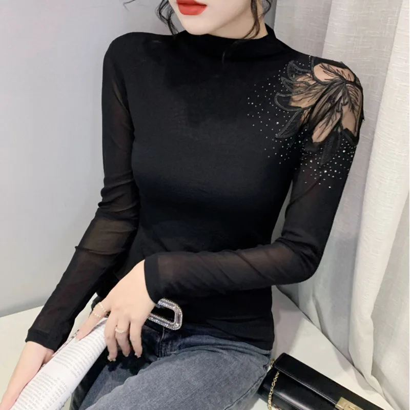 

#4234 Spring Autumn Hollow Out Long Sleeve T Shirt Women Diamonds Black Brown Tight T Shirt Femme Elastic Womens Tee Shirts Slim