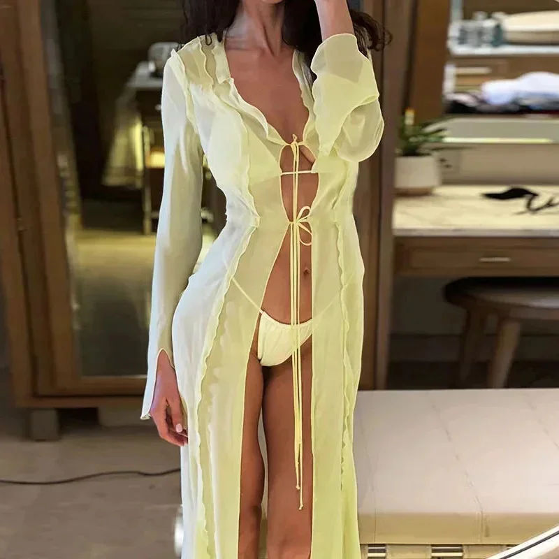 Sexy Beach Dress Women Summer Sexy V-neck Sun Protection Flare Sleeve Bodycon Maxi Cardigan Dress Evening Club Party Long Dress