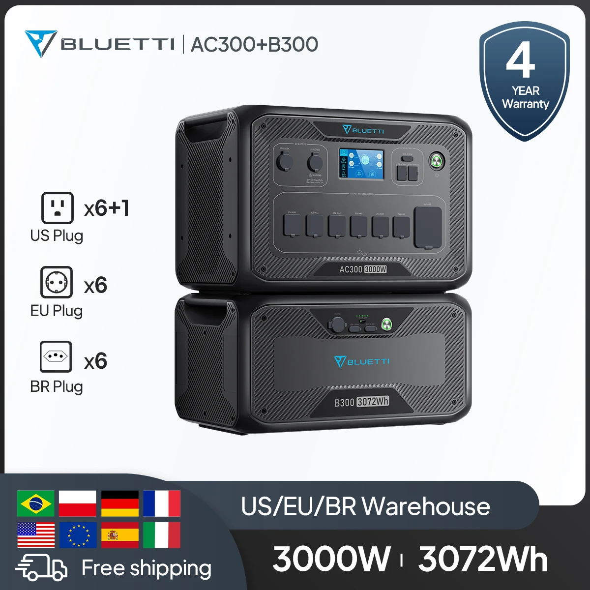 Bluetti AC300 + B300 3072Wh محطة الطاقة الشمسية الرئيسية بطارية احتياطية مولد للطاقة الشمسية مع 3000 واط التيار المتناوب الناتج للمنزل احتياطية في حالات الطوارئ