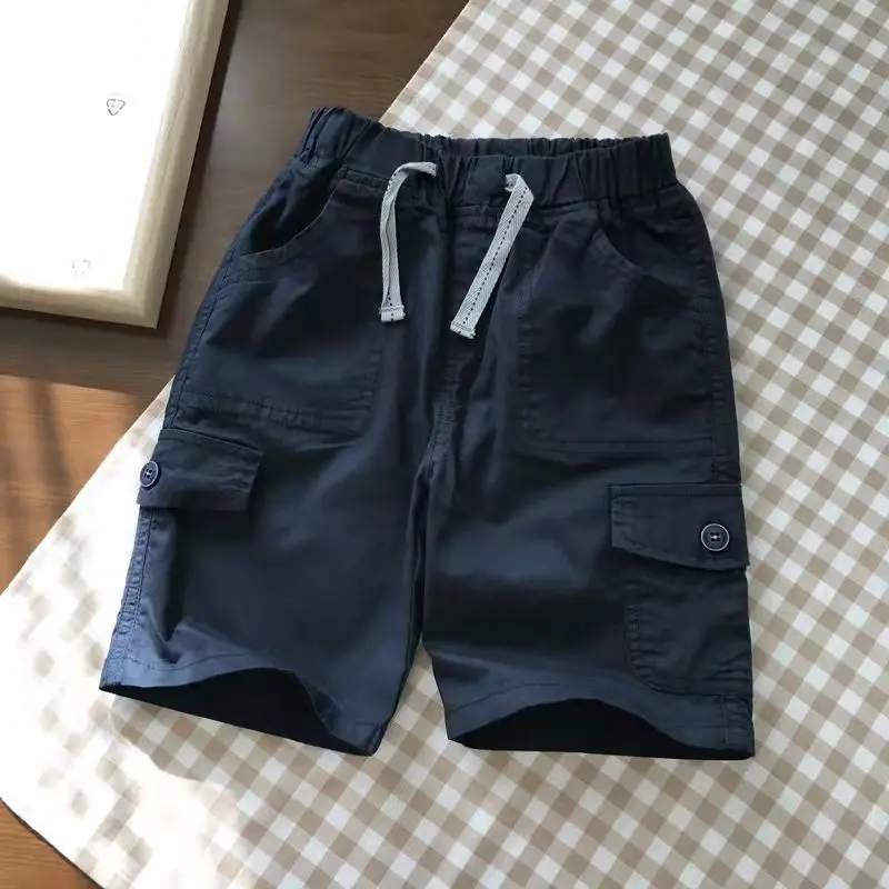 Summer Boys Clothing Casual Thin Fashion Trend All-match Solid Color Elastic Waist Spliced Pocket Drawstring Cotton Loose Shorts