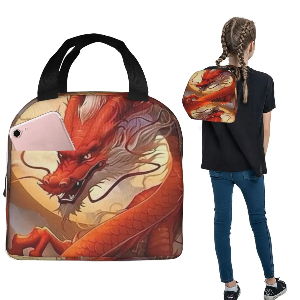 Dragon Red Moon Pattern Insulated Lunch Bag for Women Kids Portable Food Boxes Thermal Lunch Box Tote