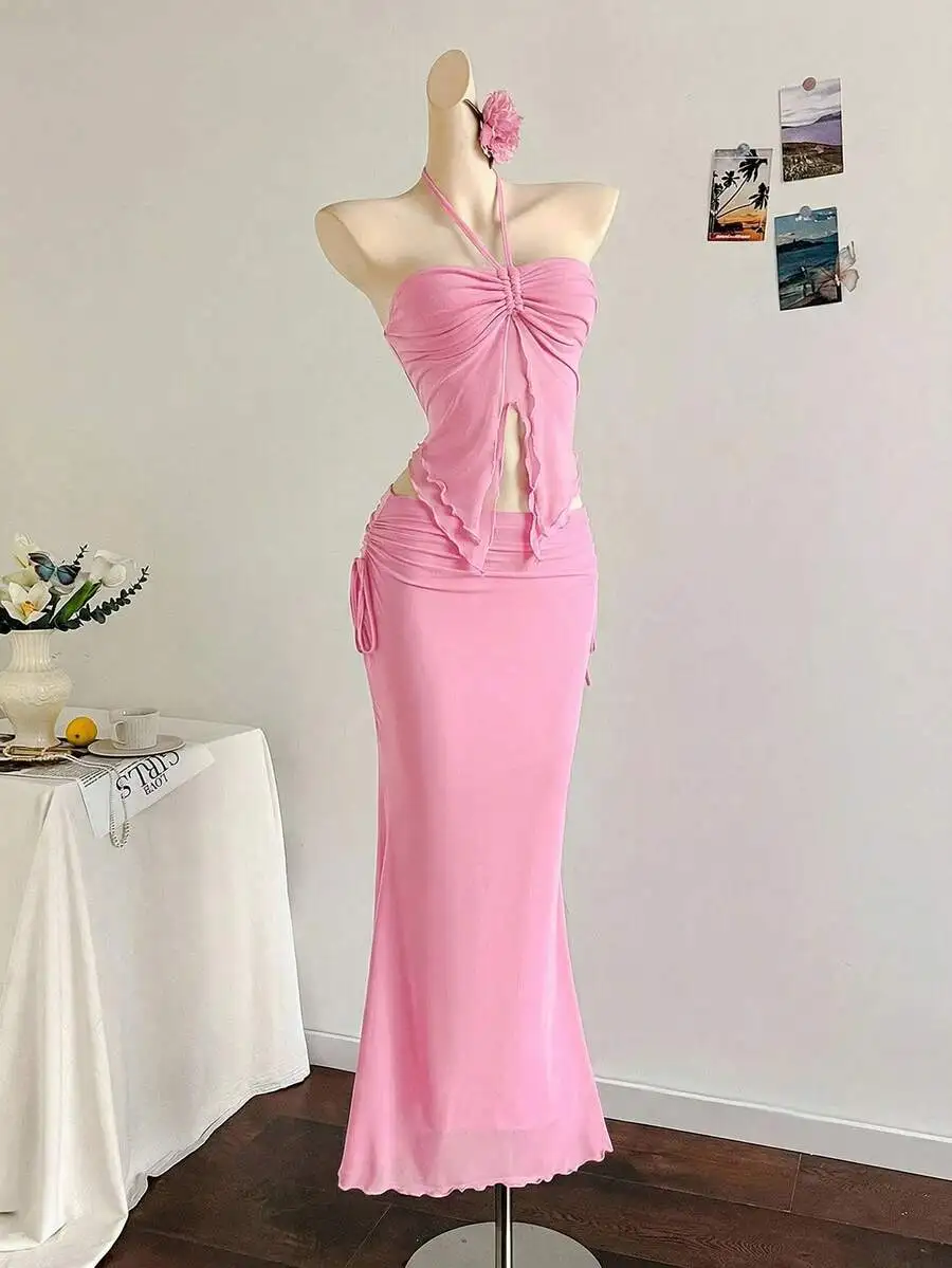 

Pink Bohemian Two Piece Set Halter Top Mermaid Skirt Beach Wedding Guest Dress