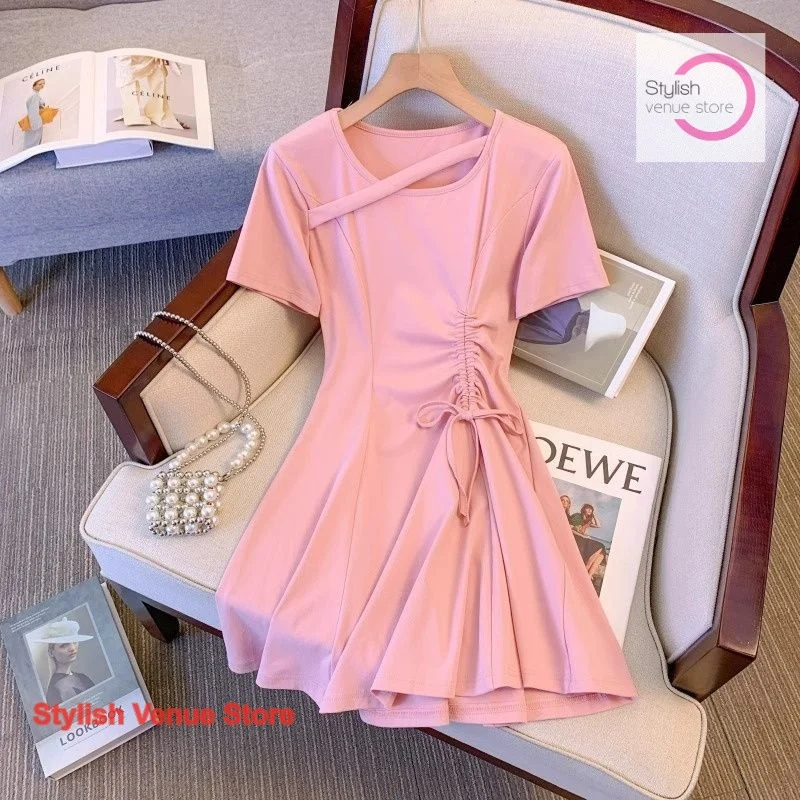 

Korean version of dopamine solid color plus size summer new sweet spice girl short sleeve dress drawstring slim A-line skirt