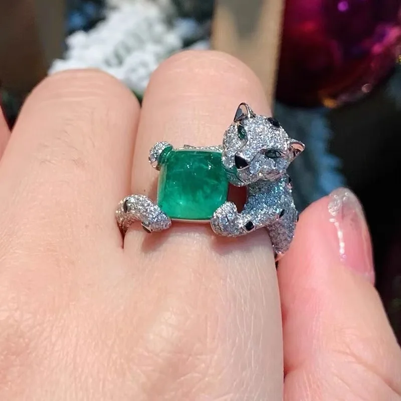 925 sterling silver Caibao French luxury leopard emerald ring with adjustable ring opening for women, high-end temperament