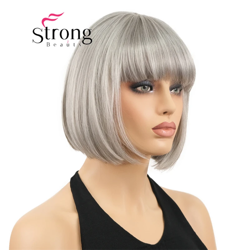 Silvery Short Straight Bob Wig For Women With Bangs Grey Bob Wig Silvery 10inch Synthetic wig Heat Resistant Fiber Hair Na