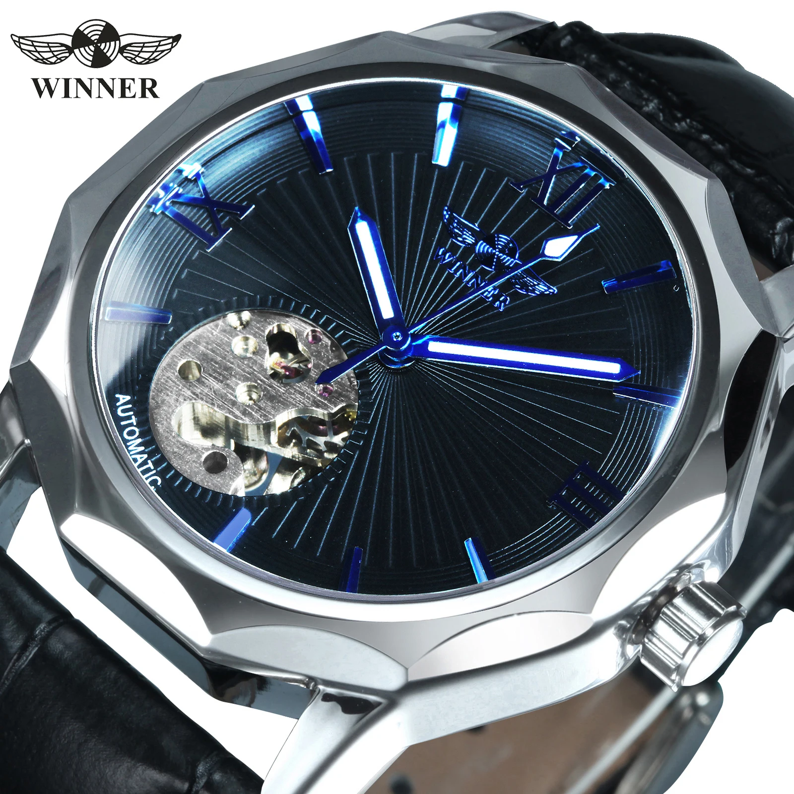 WINNER Business Irregular Skeleton Automatic Mechanical Watch for Men Luminous Hands Leather Steel Strap Fashion Simple Watches