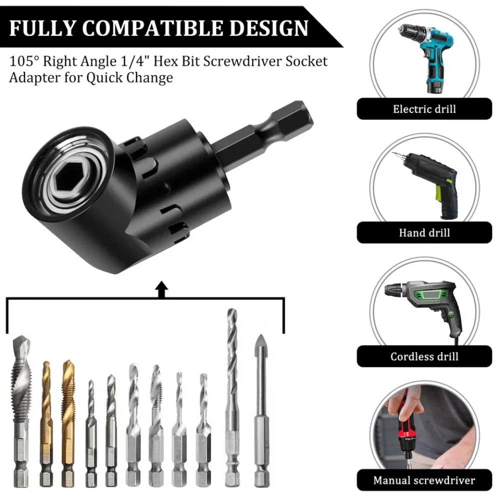 31 Flexible Drill Bit Extension Rotatable Socket Adapter Hex Shank 105° Right Angle Drill Attachment Screwdriver 90° Angled Bits