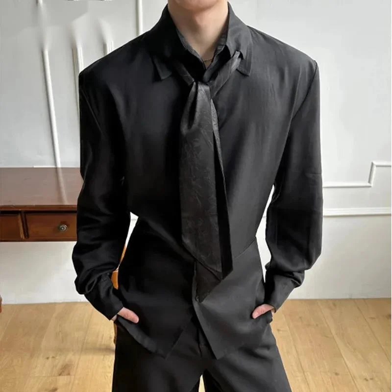 Long Sleeve Edgy Men's Shirt Satin Tie Detail Waist Cinched Long Sleeve Slim Fit Formal Premium Black Blouse Top T0FI