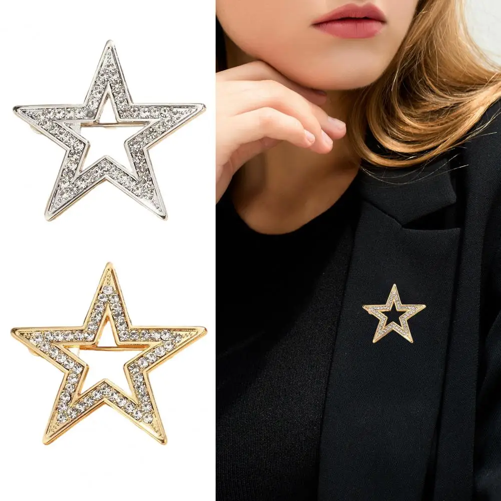 Zinc Alloy Brooch Pin Star Shape Lapel Badge with Rhinestones Inlaid Decorative Outfit Pin for Sweaters Collars Hats Bags Coats