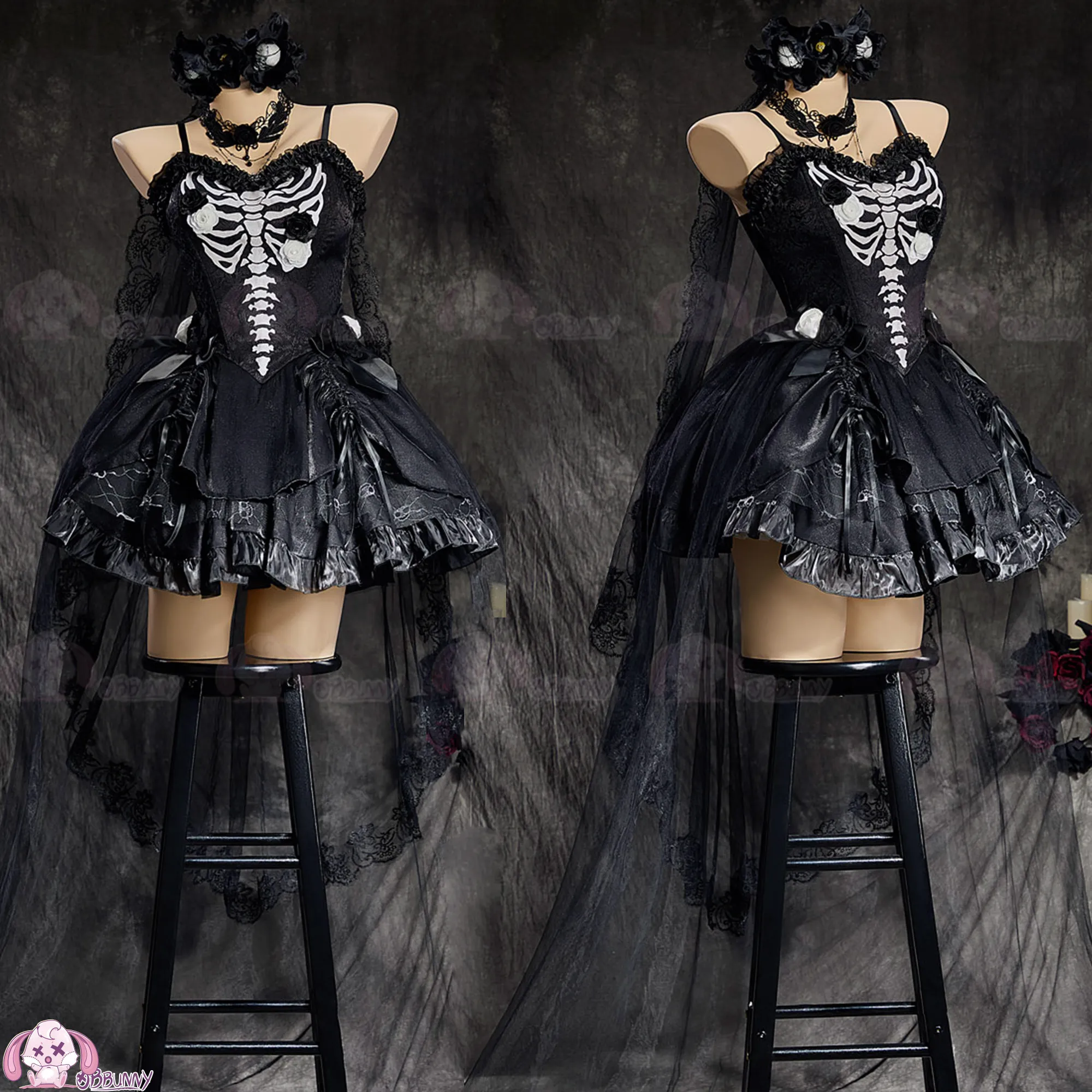 Vestido Lolita Gótico con Esqueleto, Corsé Negro con Rosa Metálica, Mini Tutú, Disfraz de Halloween