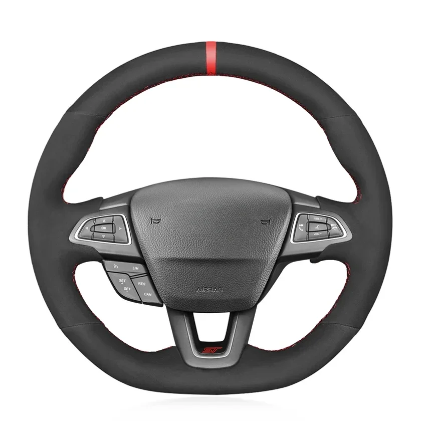 Black Artificial Suede Hand-stitched Steering Wheel Cover for Ford Focus RS ST ST-Line 2015-2018 Kuga Ecosport ST-Line 2017-2020