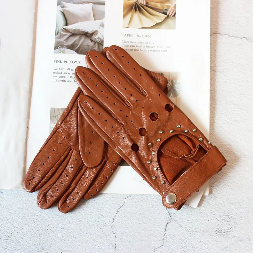 Gants de conduite d\'été en cuir véritable pour femmes, gants en peau de mouton, style fin, non doublés, documents d\'équitation de moto, mode, nouveau