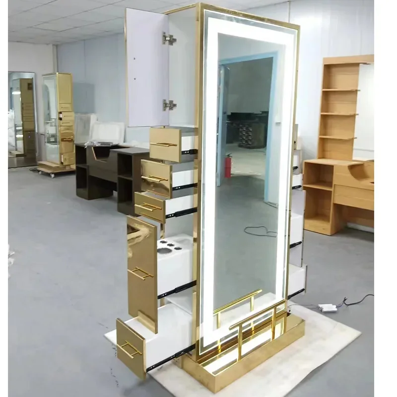 High Quality Stainless Steel Hair Salon  Barber Station Double Sided Mirror Station