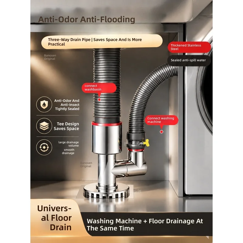 Washing machine drain pipe floor drain connector, sink drain pipe two-in-one odor-proof and overflow-preventing tee splitter