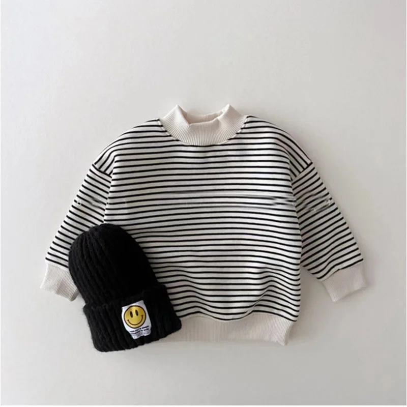 MILANCEL Baby Clothes Fleece Lining Boys Hoodies Striped Girls Base Clothes Turtleneck Infant Clothing