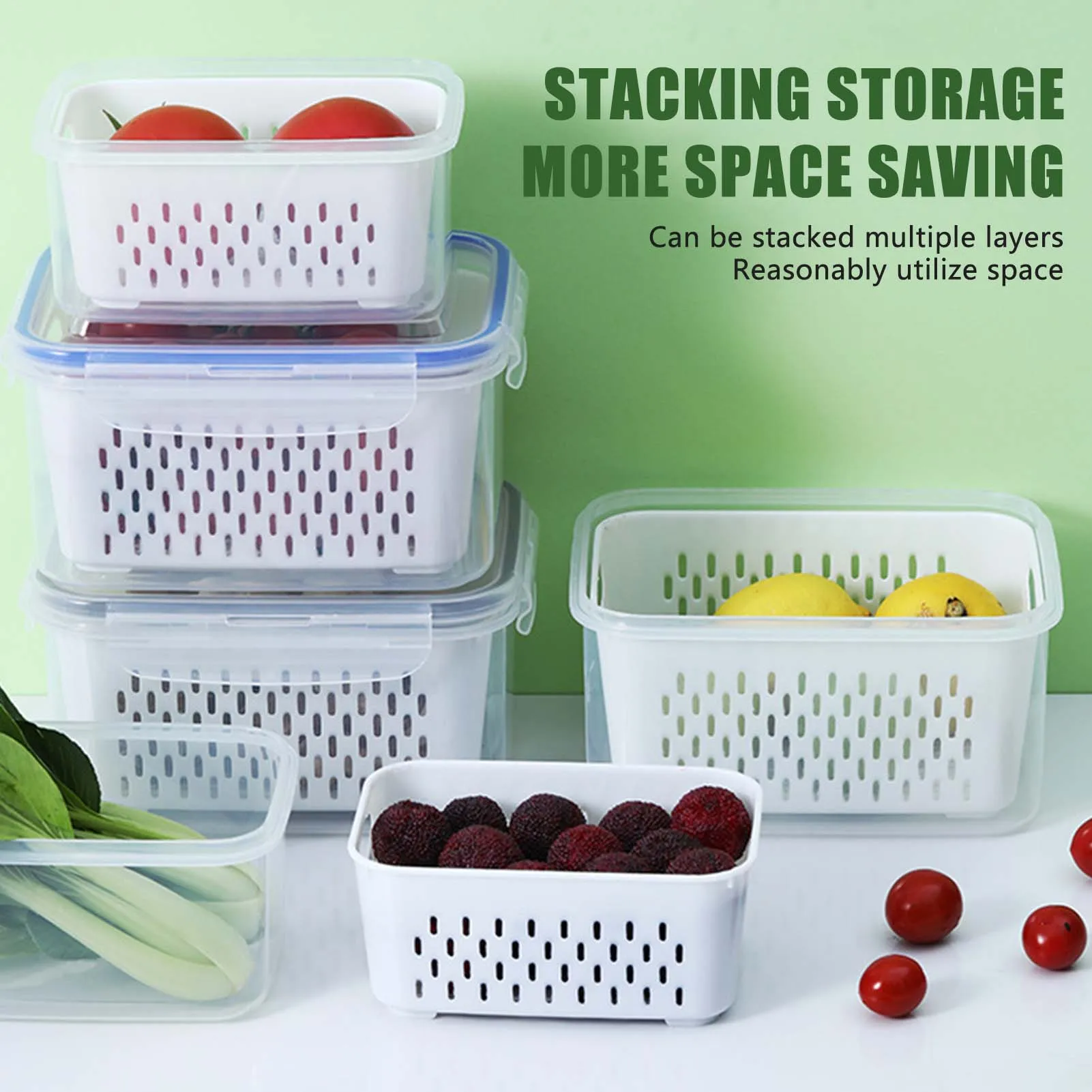 

Refrigerator Storage Box With Drain Baskets Vegetable Fruit Refrigerator Storage Containers Fits Kitchen Organizations Storage