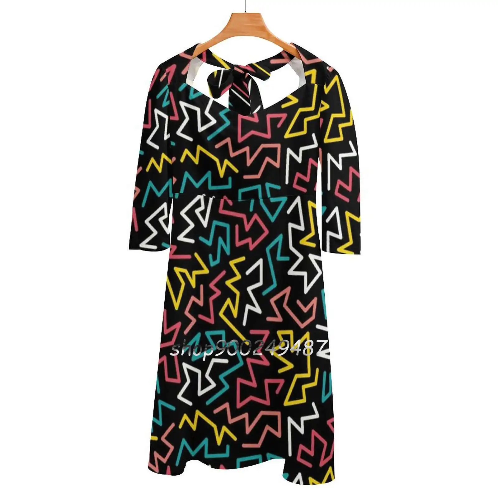 Memphis Dark Pattern. Trendy Geometric Shapes 80S , 90S Square Neck Dress New Plus Size Elegant Women Waist Tight Dress Pattern