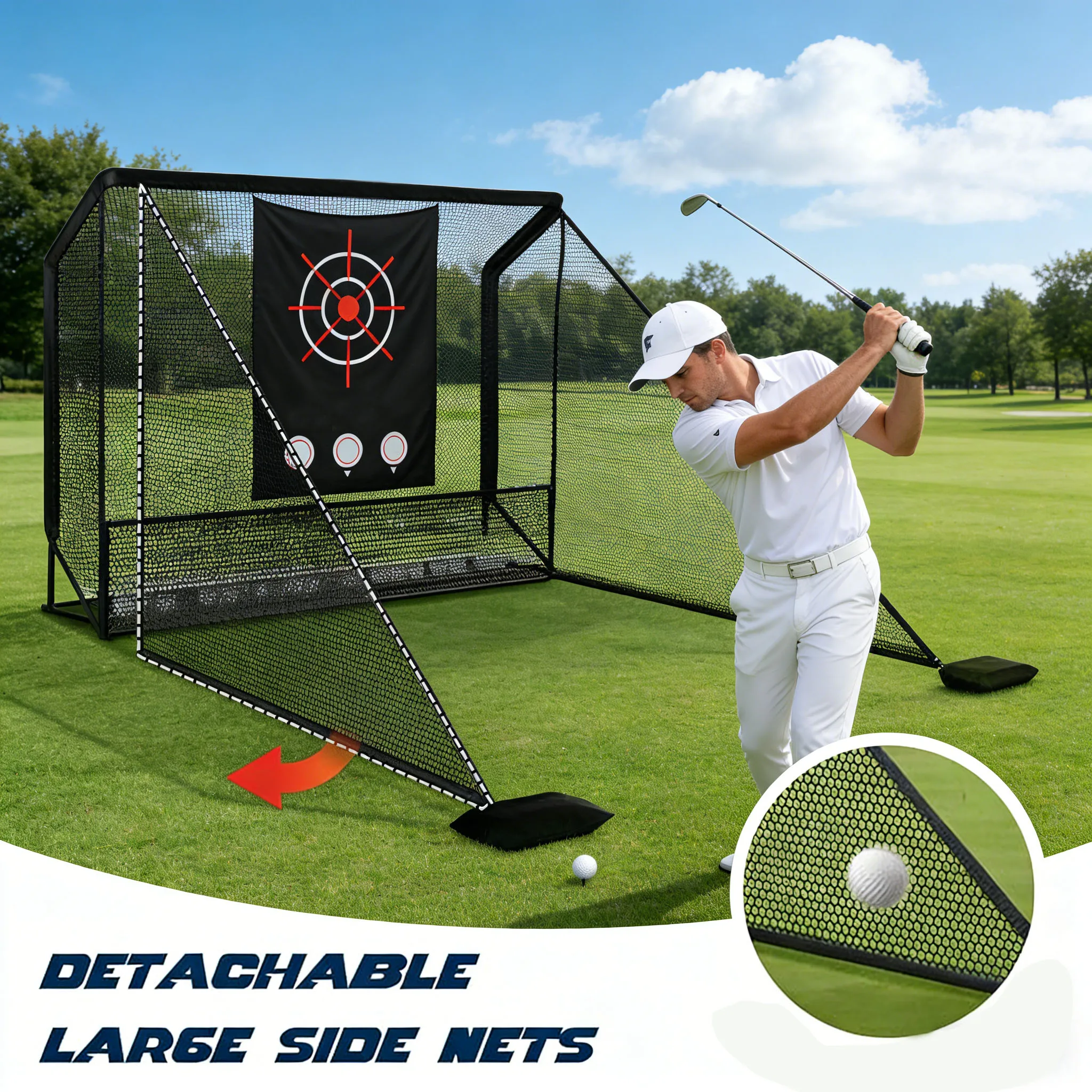 Golf Cage Hitting Net 10x7ft Heavy Steel Frame 2 Side Barriers for Backyard Driving Chipping Swing Training-Indoor/Outdoor Usepr