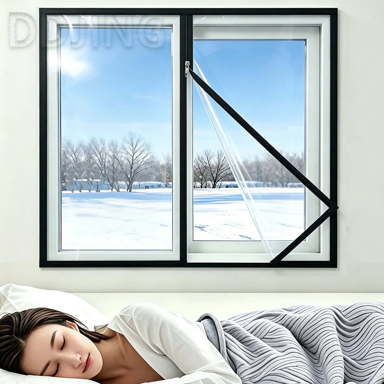 Black zipper style winter transparent warm window film, windproof, cold proof, no drilling self-adhesive home insulation film
