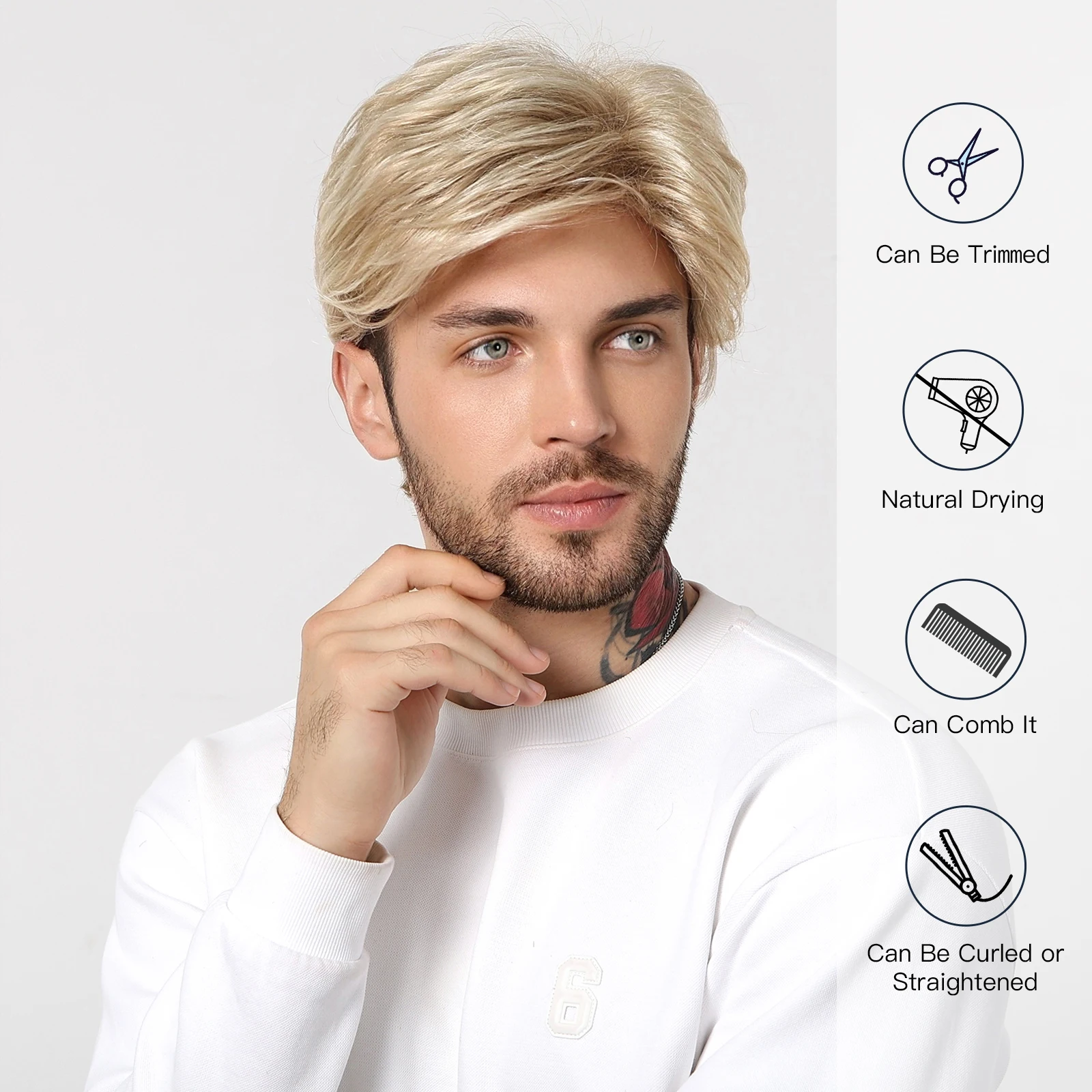 ALAN EATON Light Blonde Synthetic Wigs for Men Short Layered Pixie Cut Wig Low Temperature Fiber Soft Natural Daily Party Use