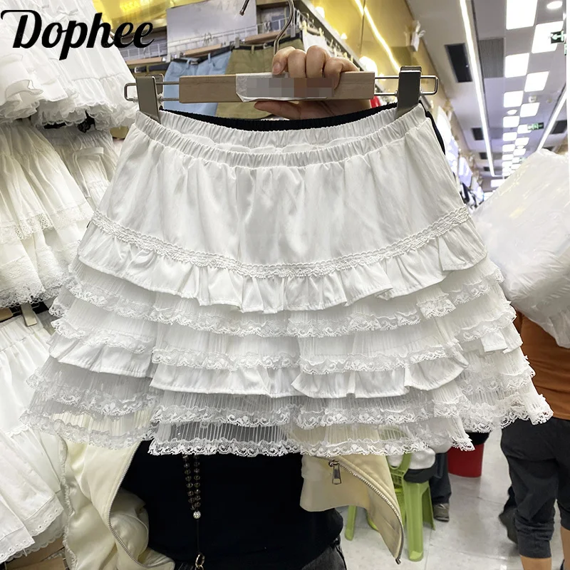 Dophee Korea All-match Women Short A-line Cake Skirt Spring Summer Elastic Waist Elegant Lace Patchwork Casual Princess Skirt