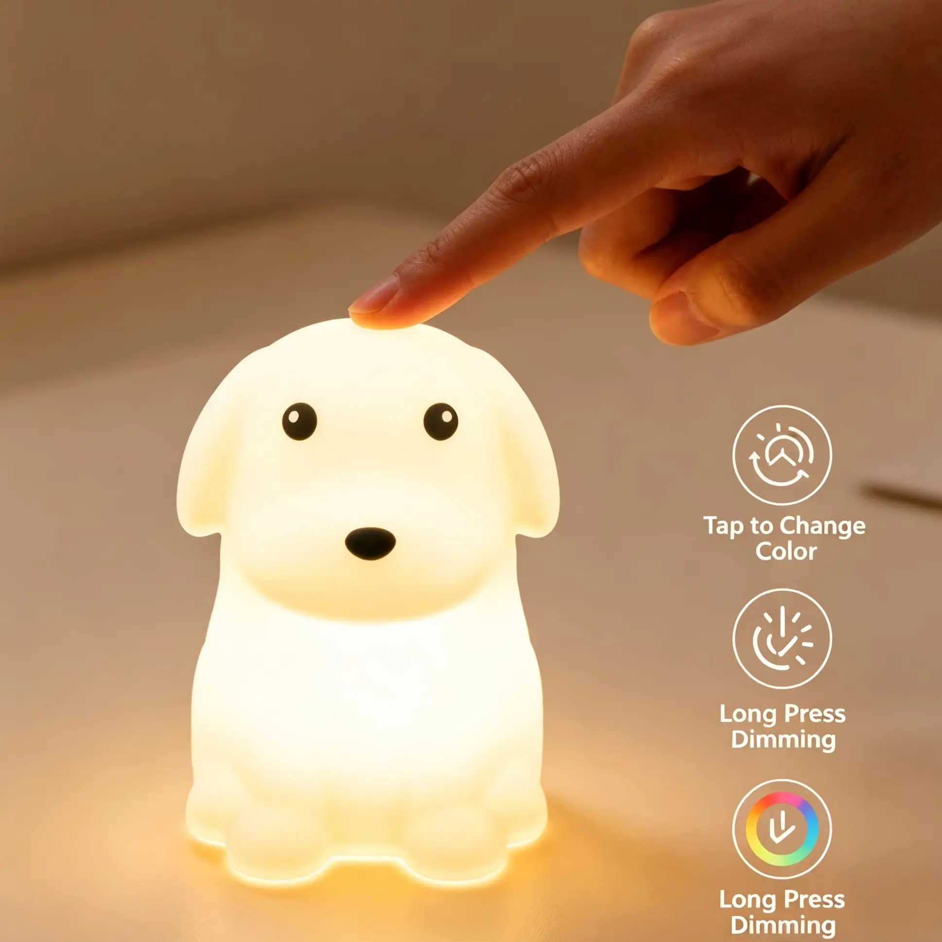 Cute Puppy Silicone Night Light RGB Touch Tap Lamp Rechargeable Kids Bedroom Decor Animal Gift