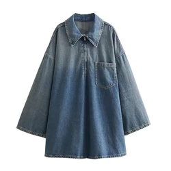 Willshela Women Fashion Denim Blue Front Zipper Mini Dress Vintage Lapel Neck Long Sleeves Female Chic Lady Dresses