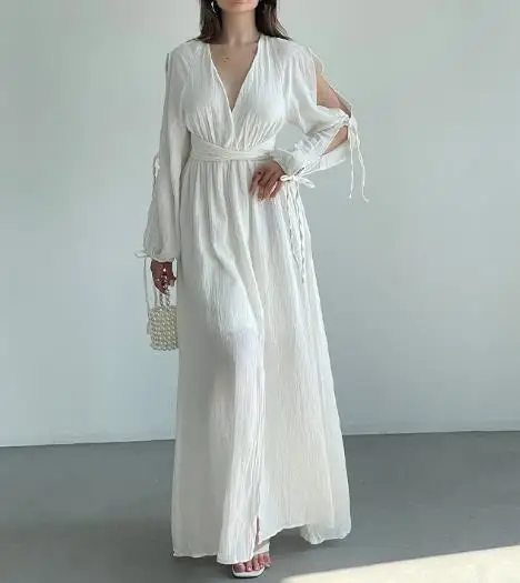 

Womens Dresses 2025 Autumn New Solid Color Long Split Sleeve V-Neck Multi Strap Casual Dress Temperament Commuting Casual Dress