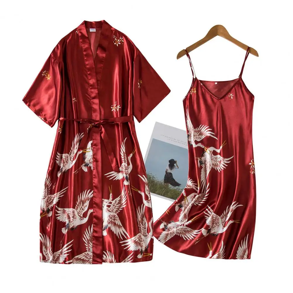 Burgundy Women 2PCS Faux Silk Kimono Robe Gown Sets Sexy Print Crane Nightdress &Bathrobe Lingerie Nightgown Summer Sleepwear