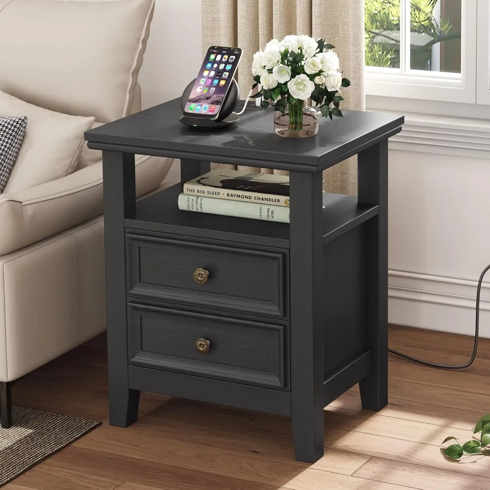 

Black Nightstand with Charge Station, Wooden Sofa End Sid Table with 2 Drawers & Storage Shelf,Bed Side Table with USB Ports & O