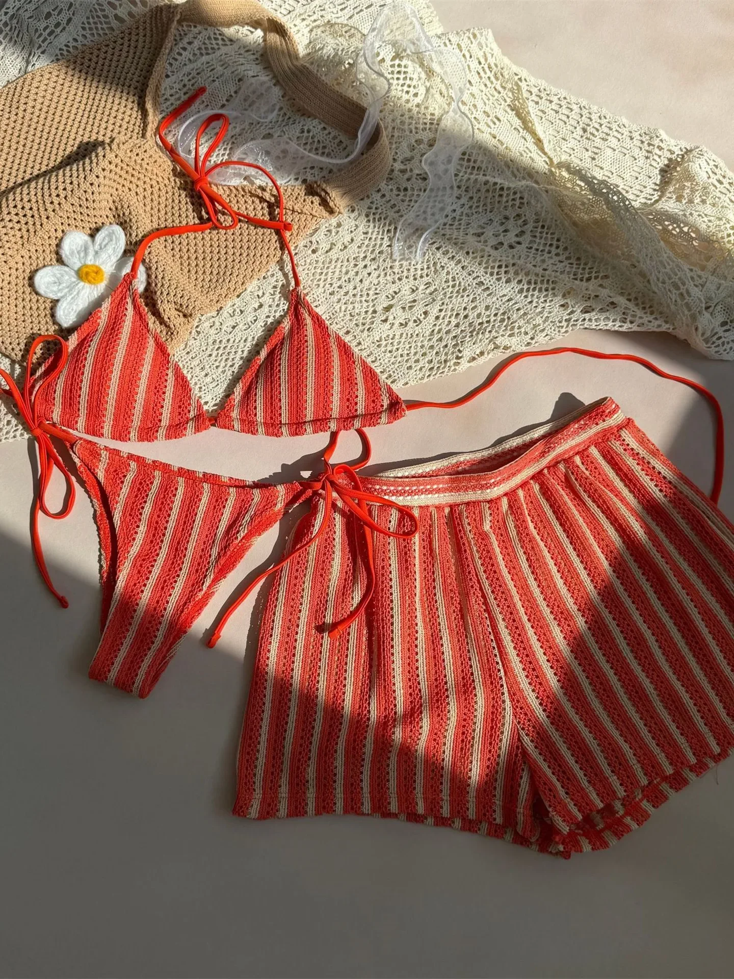 

Vintage Orange Striped Bikinis Sets 2025 Women Halter Push Up High Waist Panties 3 Piece Swimsuit Bathing Suit Holiday Swimwear