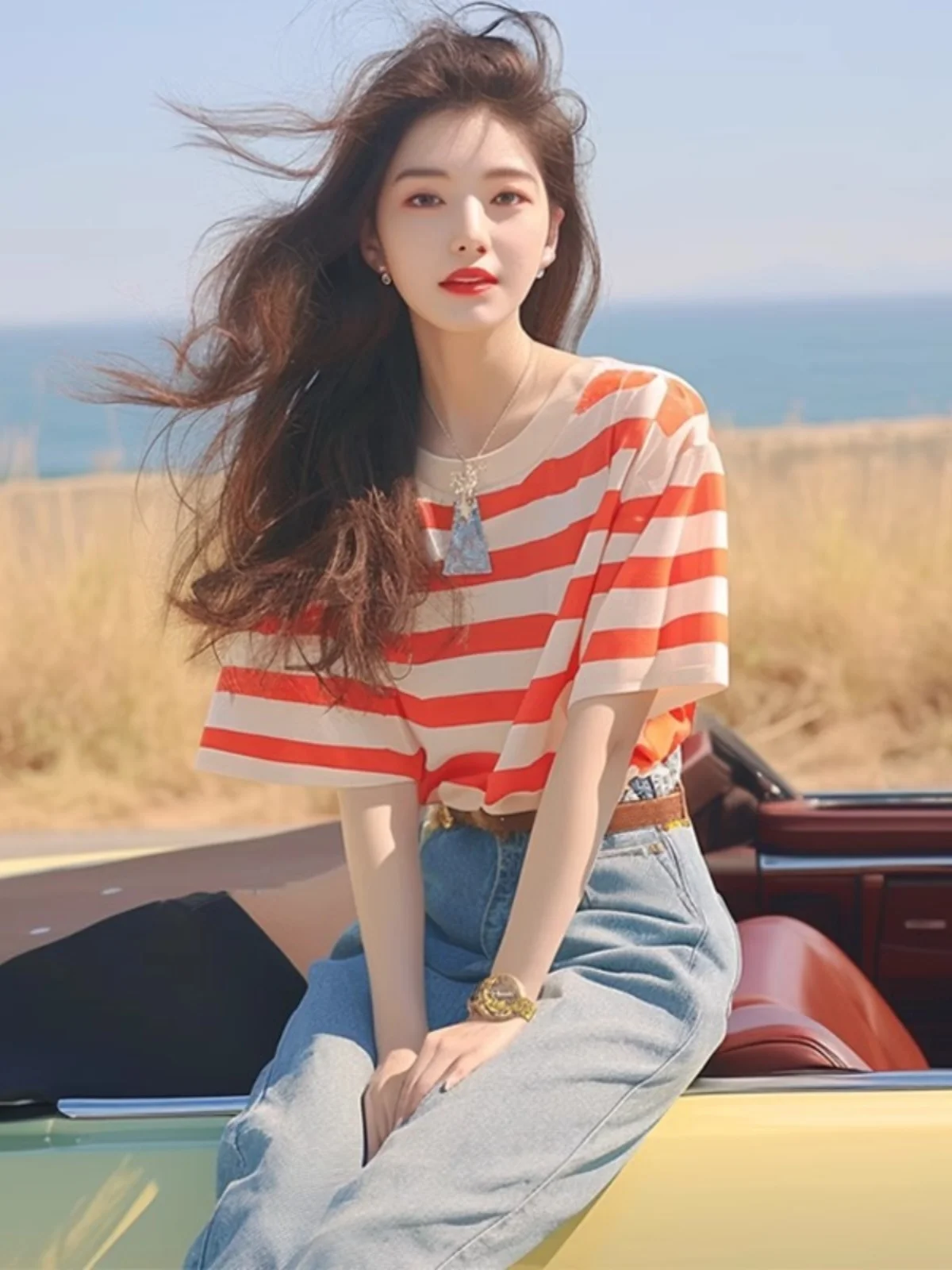 

Новая летняя модная полосатая футболка свободного кроя для женщин: стильный, универсальный и удобный топ для ношения под одеждой