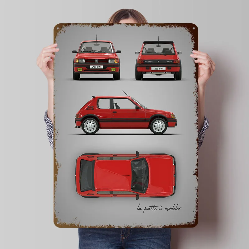Sports Car 205 GTi Printed Poster Customized Wall Art Retro Vintage Metal Tin Signs for Garage Interior Decoration Living Room
