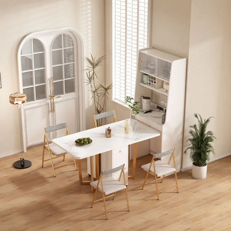 Rock slab folding dining table and dining side cabinet integrated household small apartment space-saving multi-functional