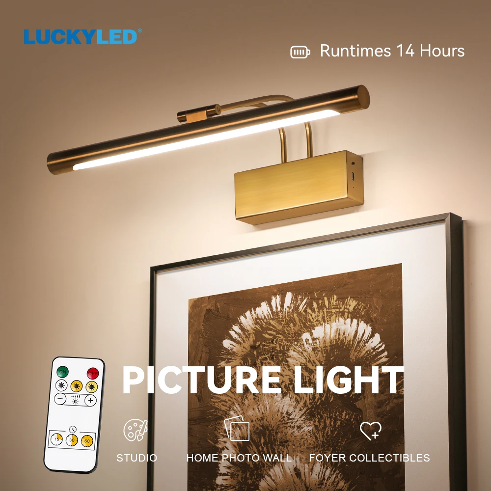 LUCKYLED Wireless Picture Light Battery Operated, 5W 16 inch Metal Brass Artwork Wall Lamp with Remote Control Dimmable